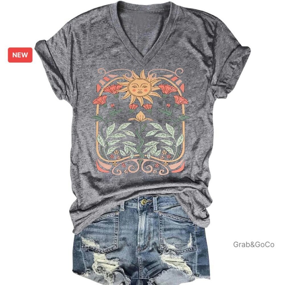 V-Neck Boho Floral Graphic Tee Vintage Cottagecore Summer T-Shirt
